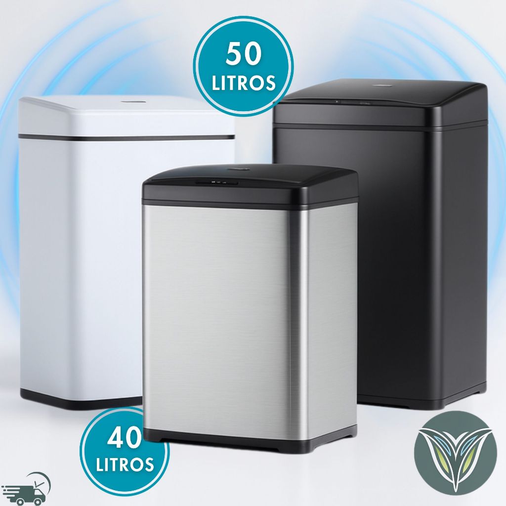 Lixeira Inteligente Quadrada Automatica Smart 40/50L Inox Prata/Branca/Preta Sensor Sem Toque Automático Cesto Lixo