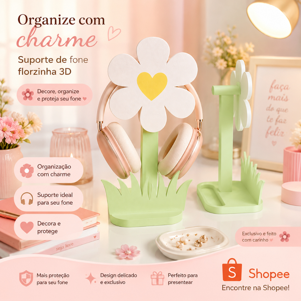 Suporte para Fone de Ouvido Flor Margarida Organizador de Mesa Decorativo 3D Kawaii