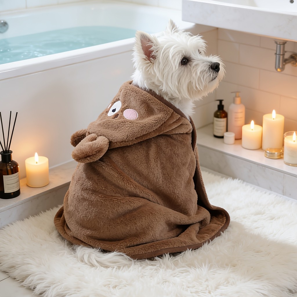 Pet Bath Towel for Cats and Dogs, Featuring an Adorable Brown Bear Costume for Small Dogs, with a Thickened Absorbent Ba