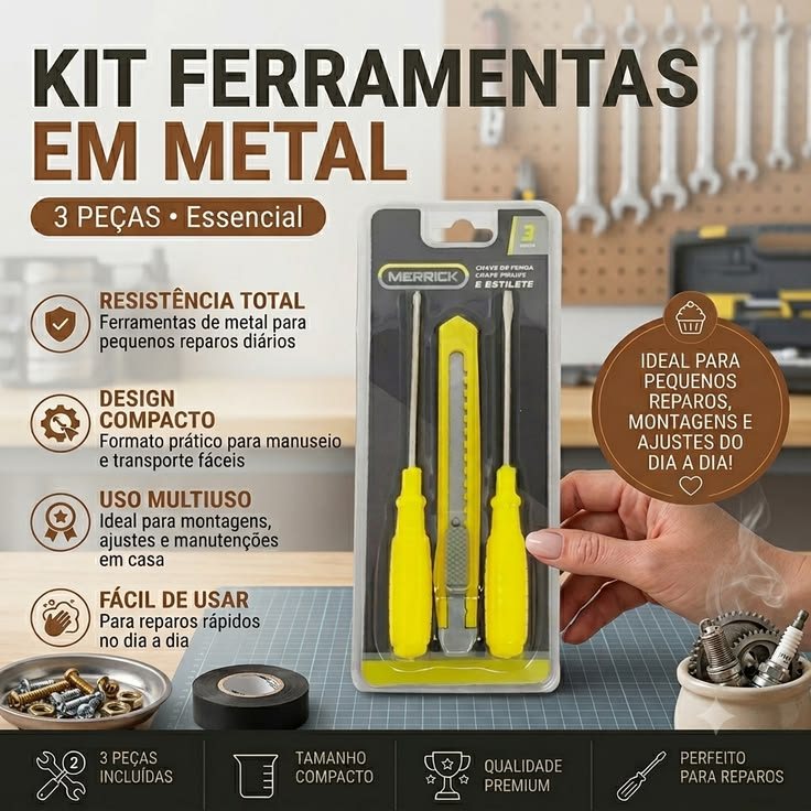 Kit Ferramentas 3 Peças com Alicate, Chave de Fenda e Chave Phillips em Metal