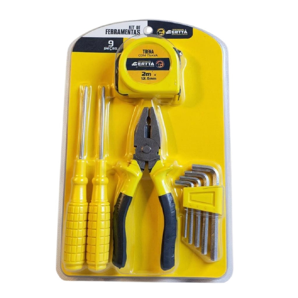 Kit de ferramentas em metal 9 peças alicate chaves trena
