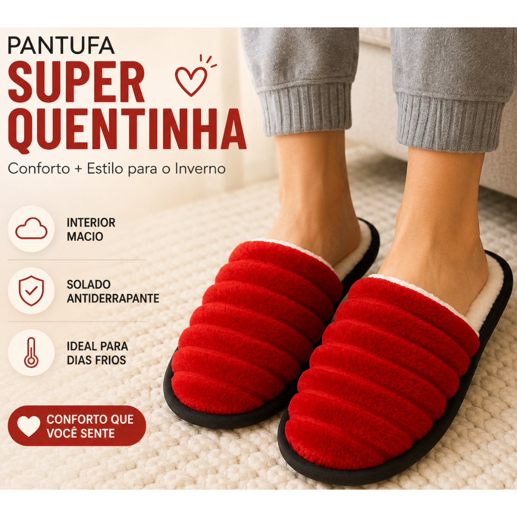 Pantufa LUXO VERMELHO Feminina Quentinha Inverno Peluciada Antiderrapante Confortável Macia Unissex