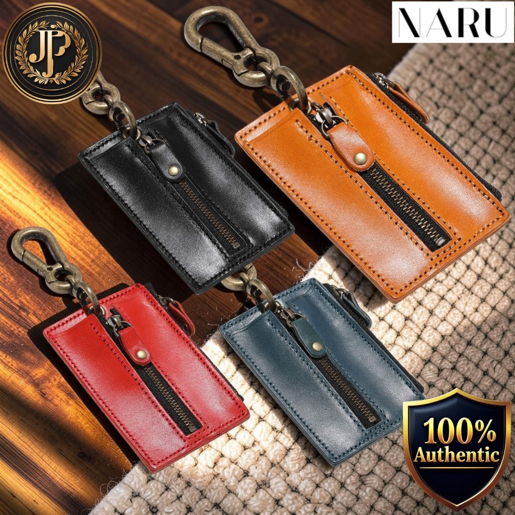 NARU Genuine Tochigi Leather Center-Zip Key Case for Men & Women, 4 Key Hooks, Coin Pocket, Carabiner, Made in Japan (Co