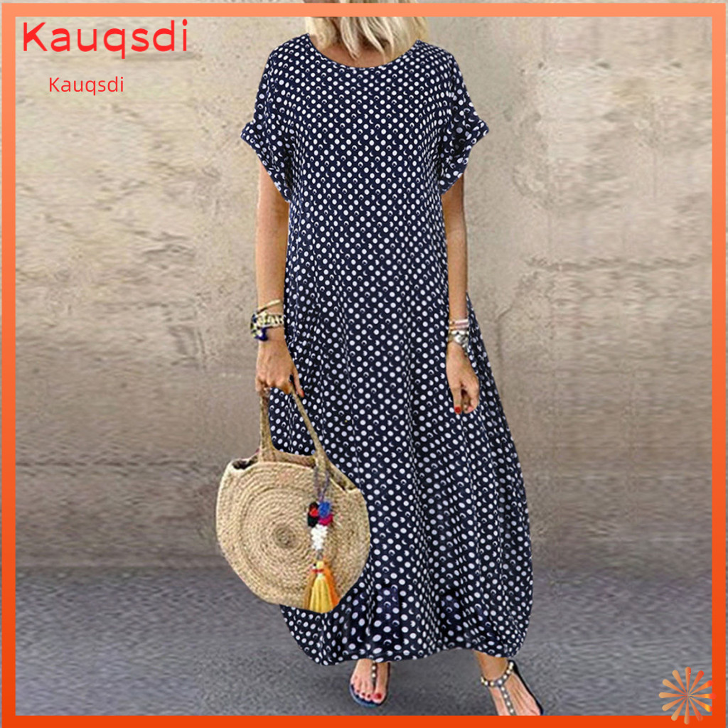 Women Long Dress A-line Plus Size Bohemian Maxi with Dot Print Round Neck Short Sleeves Pockets – Comfortable Vacation