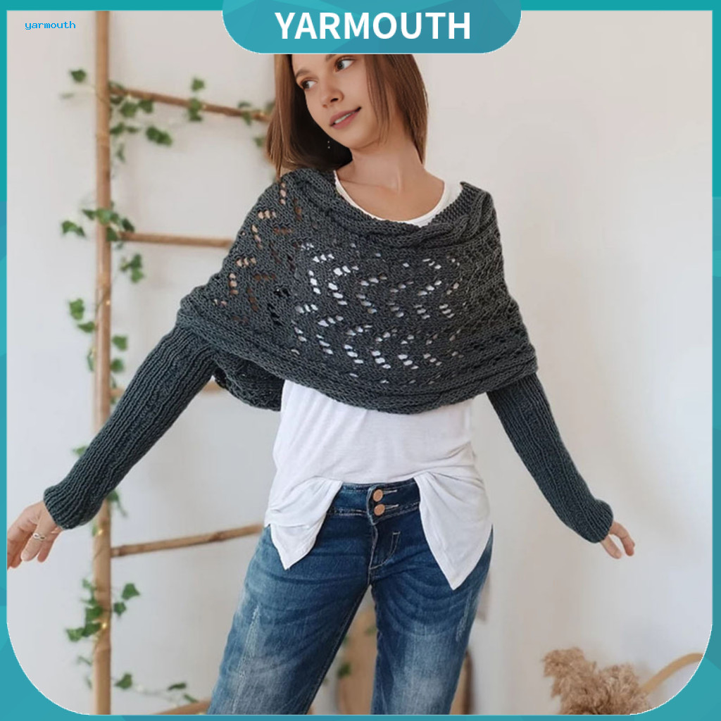 Shawl Scarf with Sleeves Bohemian Style Knitted Cable Wrap – Soft Hollow Crochet Pattern Sweater for Women Lightweight