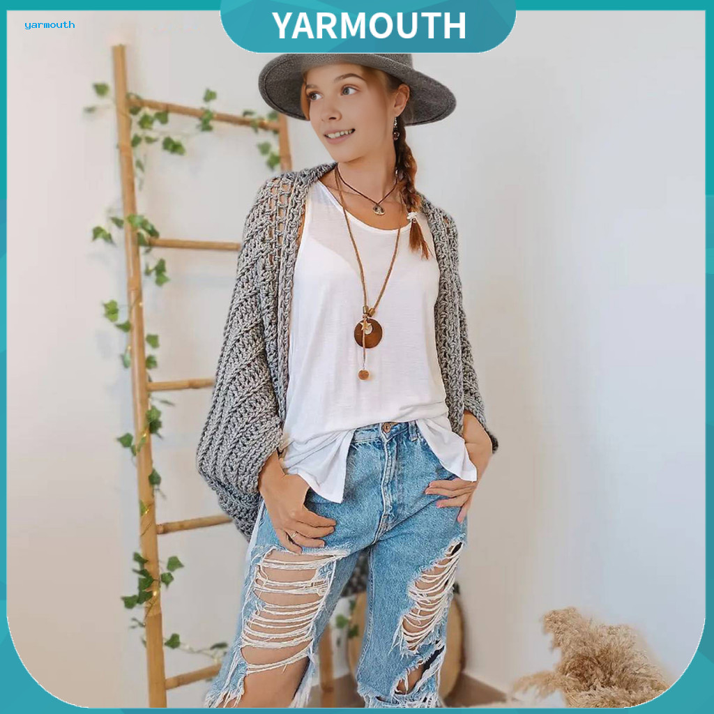 Knitting Cardigan with Sleeves Shawl Sweater Open Stitches Women’s Bohemian Knitted Wrap No Collar Batwing Sleeve Soli