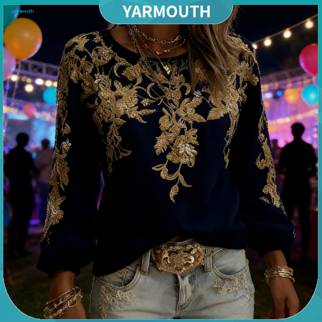 Bohemian Style Blouse Plus Size Flattering Women’s Round Neck Long Sleeve 3d Floral Print Tee Shirt Retro Pullover Top