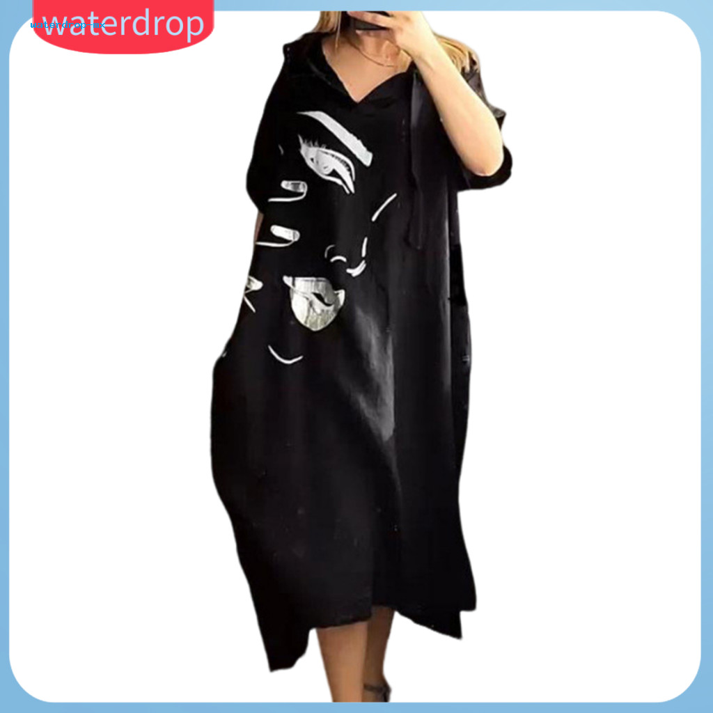 Bohemian Women’s Midi Dress with Face Print Loose Hooded Pullover Drawstring Waist Short Sleeves Side Pockets Urban St