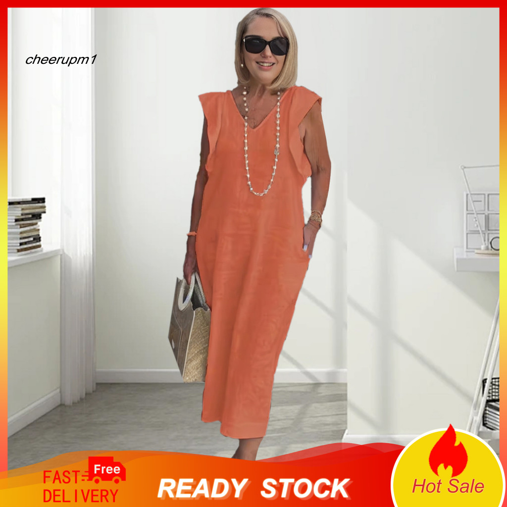 Midi Dress Women Summer Women’s Bohemian V Neck Loose Fit Flying Sleeves Soft Breathable Fabric Perfect Beach Vacation