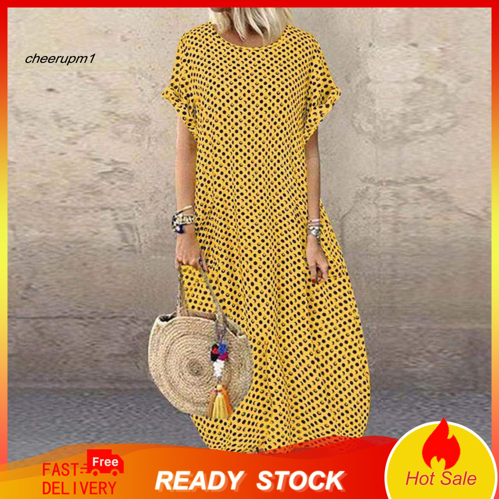 A-line Dress Women Long Plus Size Bohemian Maxi with Dot Print Round Neck Short Sleeves Pockets – Comfortable Vacation