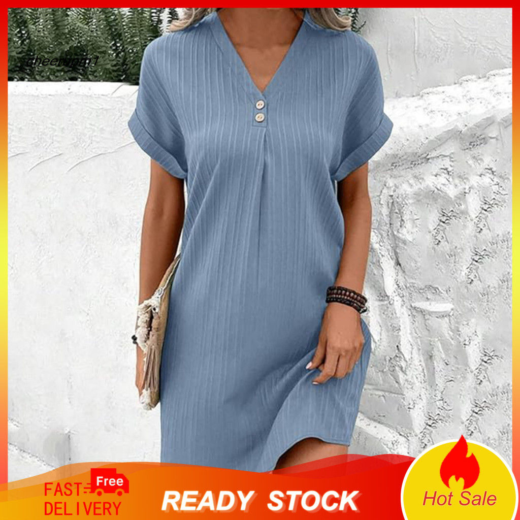 Plain Short-sleeved T-shirt Dress Women Solid Color Bohemian Summer Mini for – Short Sleeve V Neck Loose Fit Button Be