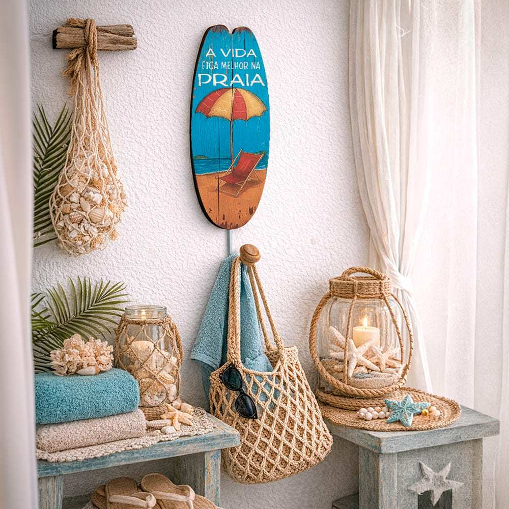 Cabideiro Decorativo Praia MDF Gancho Parede Frase A Vida Fica Melhor na Praia