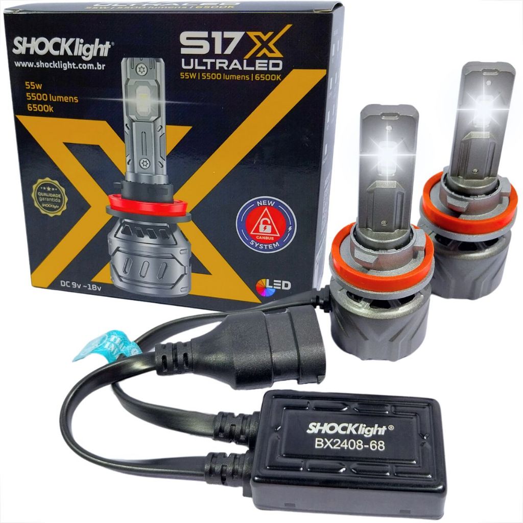 LÂMPADA ULTRA LED SHOCKLIGHT 55W S17 NANO H8 / h9 / h11 / h16-2 6000K C/ CANBUS FORTE SEM ALERTA PAINEL