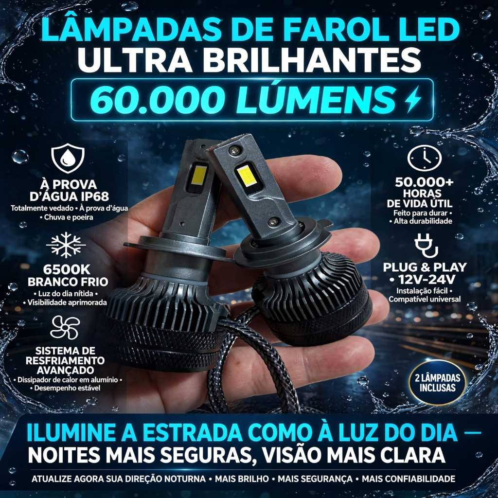Lâmpada Farol LED NS90 Canbus 60.000 Lumens 260W Ultra Laser Super H4 H7 H11 HB3 HB4 Premium Mais Potente da Categoria