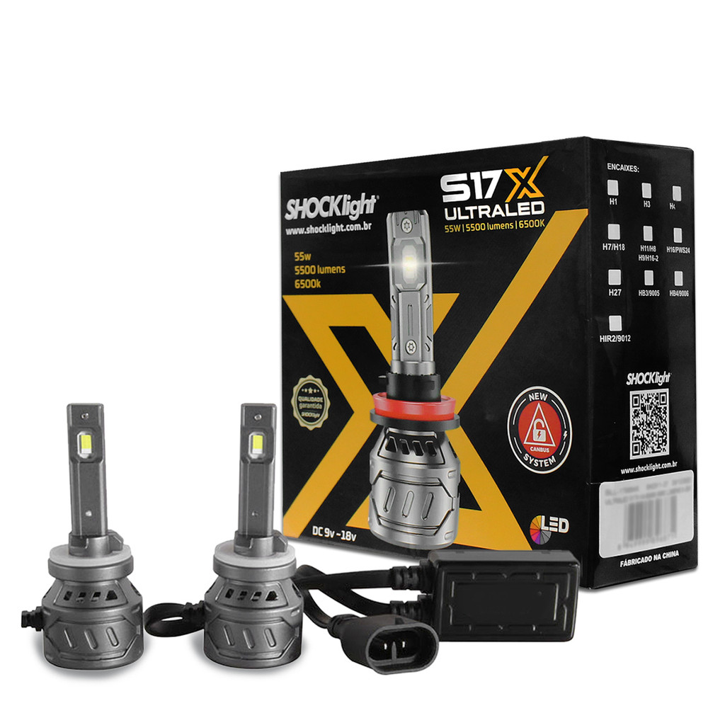 Kit Lâmpadas Ultra LED H8 H9 H11 H16-2 S17x 6500k 5500 Lumens 55w CanBus