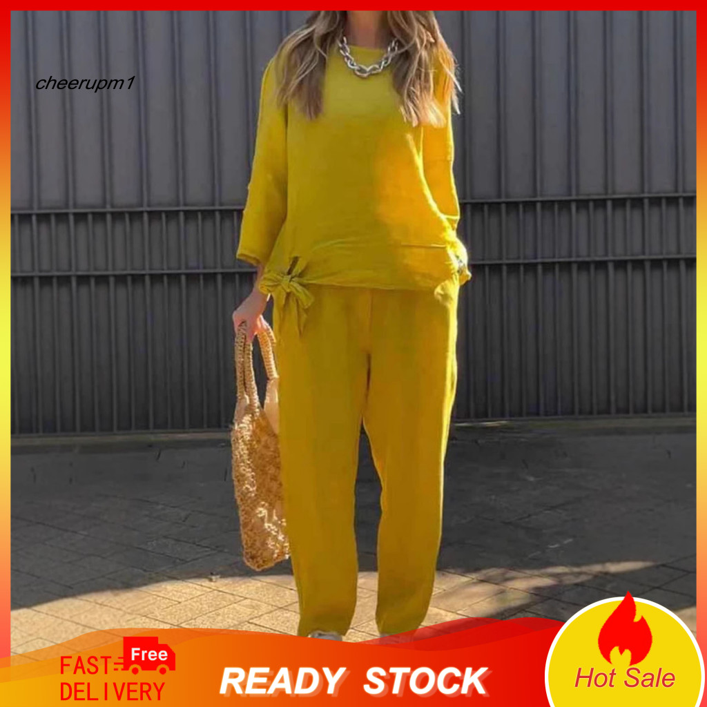 Women Loose Fit Suit Two-piece Set 2 Pcs Tracksuit Solid Color Long Sleeve Round Neck Tie-up Hem Top Elastic Waist Strai