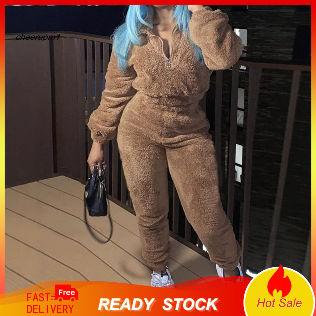 Women Two-piece Set Solid Color Suit 2 Pcs Women’s Tracksuit – Long Sleeve Stand Collar Top Elastic Waist Plush Pant