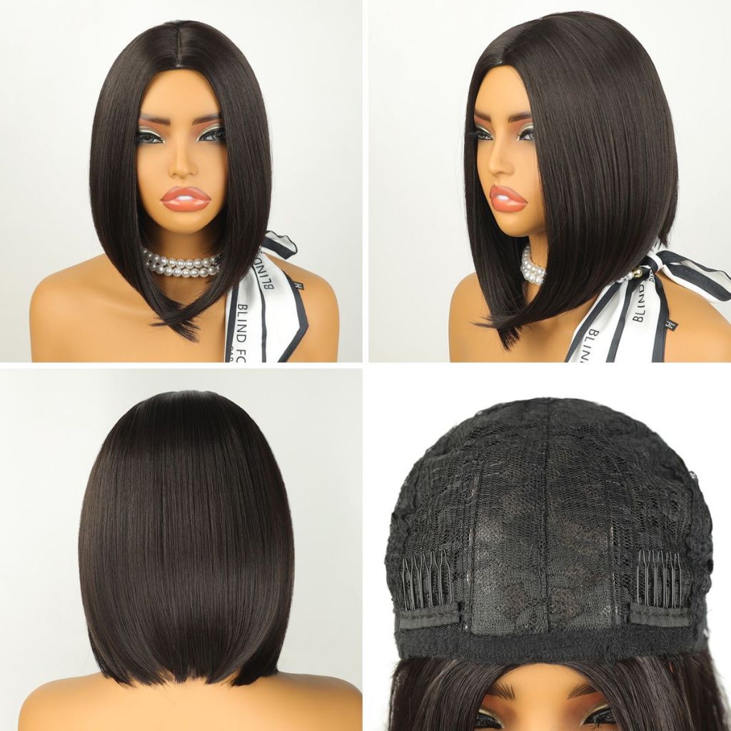 Peruca curta long bob lisa 30cm toque macio leve fibra premium aspecto natural - Charming hair