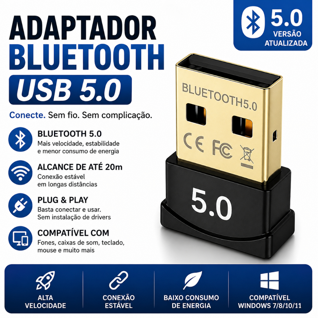 Adaptador Bluetooth 5.0 USB Para PC Notebook 20M