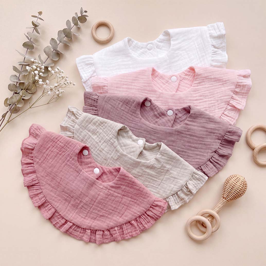 Babador Com Babados De Gaze Para Bebê , 5 Peças , Babadores Resistentes À Sujeira De Cor Sólida Estilo Ins Absorventes A