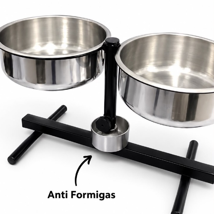 Comedouro Duplo Anti Formiga Elevado Altura Ajustável Alumínio para Cachorro e Gato Pet Regulavel