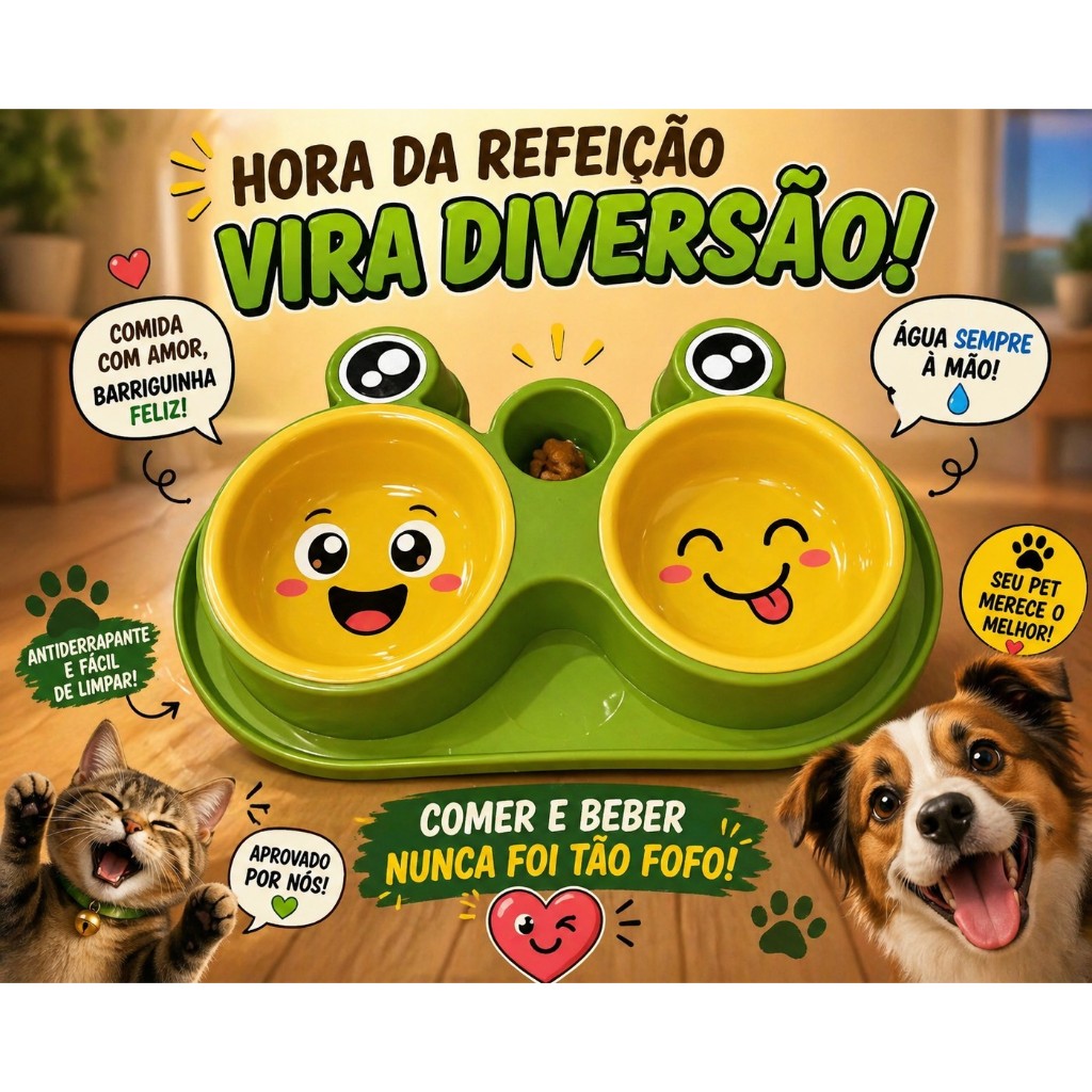 Comedouro Duplo Pet Sapo 38x22cm Anti Formiga para Cães e Gatos Base Antiderrapante