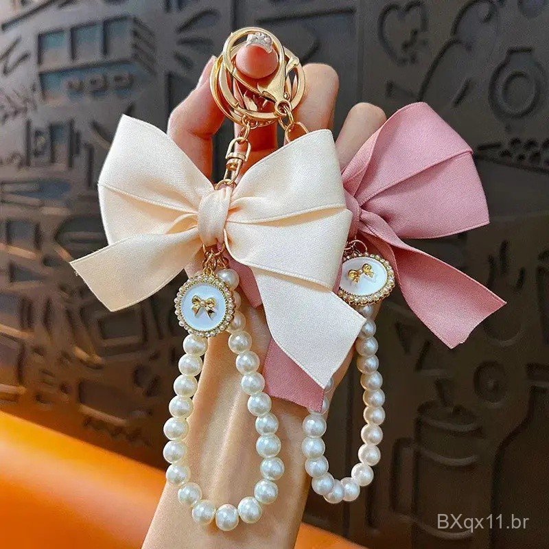 Handmade Sweet Bow Keychain Pearl Chain Woven Ribbon Bowknot Keyrings Handbag Pendant Car Key Holder Accessories Gifts P