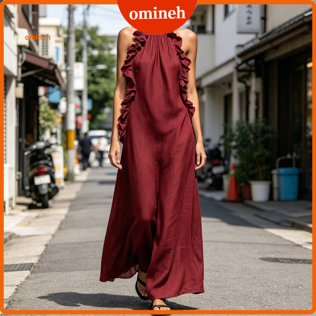 Dress Breathable Fabric Women’s Summer Maxi Ruffle Halter Neck Flowy A-line Beach Vacation Sundress Lightweight and Co