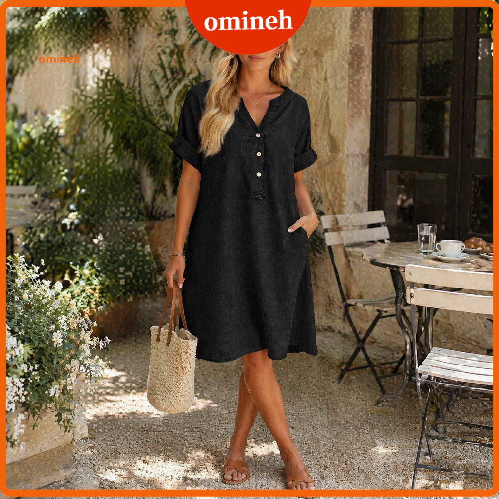 Summer Holiday Dress Breathable Fabric Women’s Short Sleeve Button-up V Neck A-line Flowy Beach Vacation Sundress with