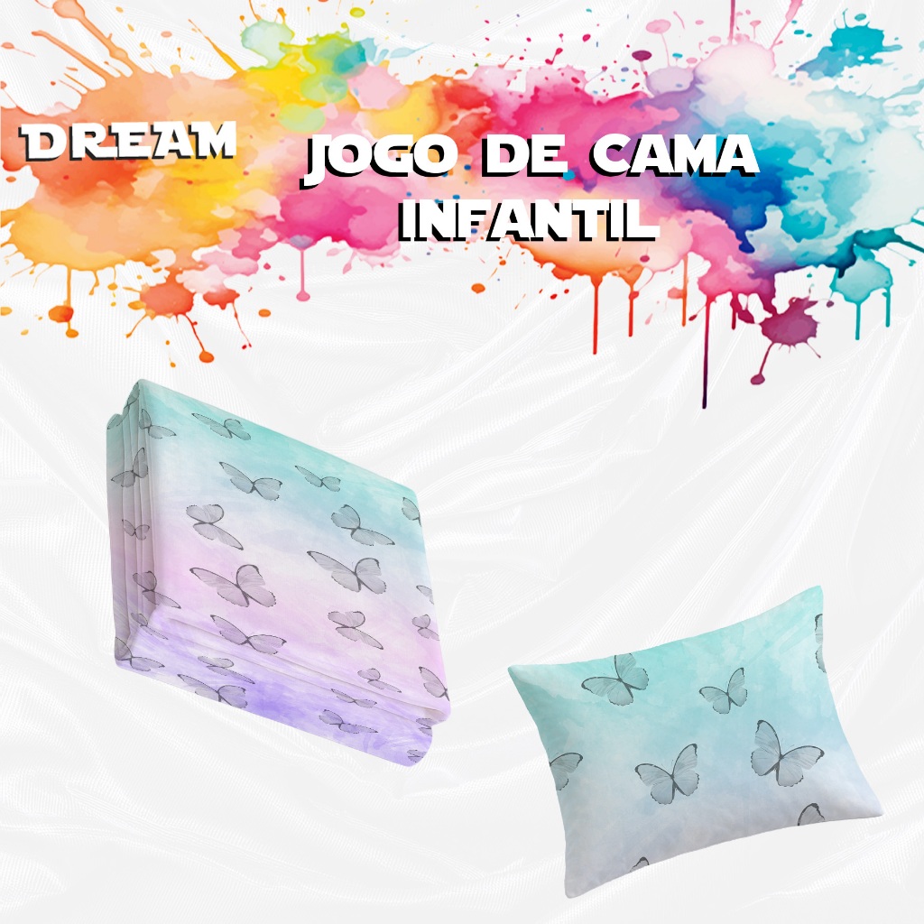 Kit Lençol + fronha Roupa de Cama Tema Borboletas Aquarela Rosa Menina