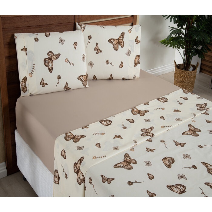 Jogo de Cama Lençol 4 Peças Estampa Borboleta Queen 100% Algodão Enxoval Elástico Fronha Percal
