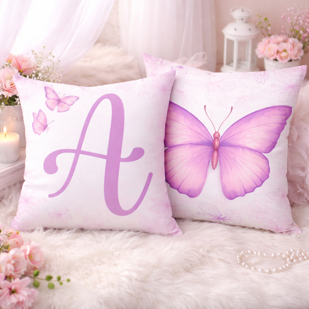 KIT 2 CAPAS DE ALMOFADAS PERSONALIZADAS INICIAL INFANTIL, BORBOLETAS JARDIM ENCANTO LILAS - TAMANHO 45X45