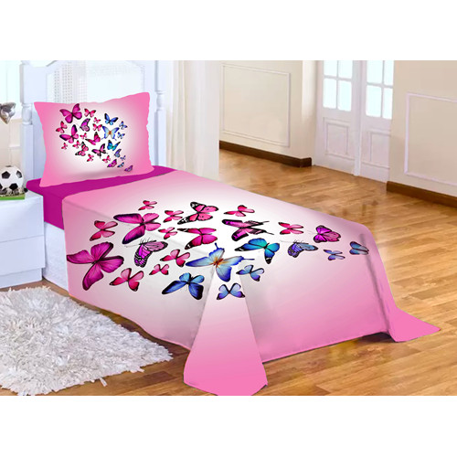 Lençol sem Elástico Solteiro + Fronha Borboleta Rosa