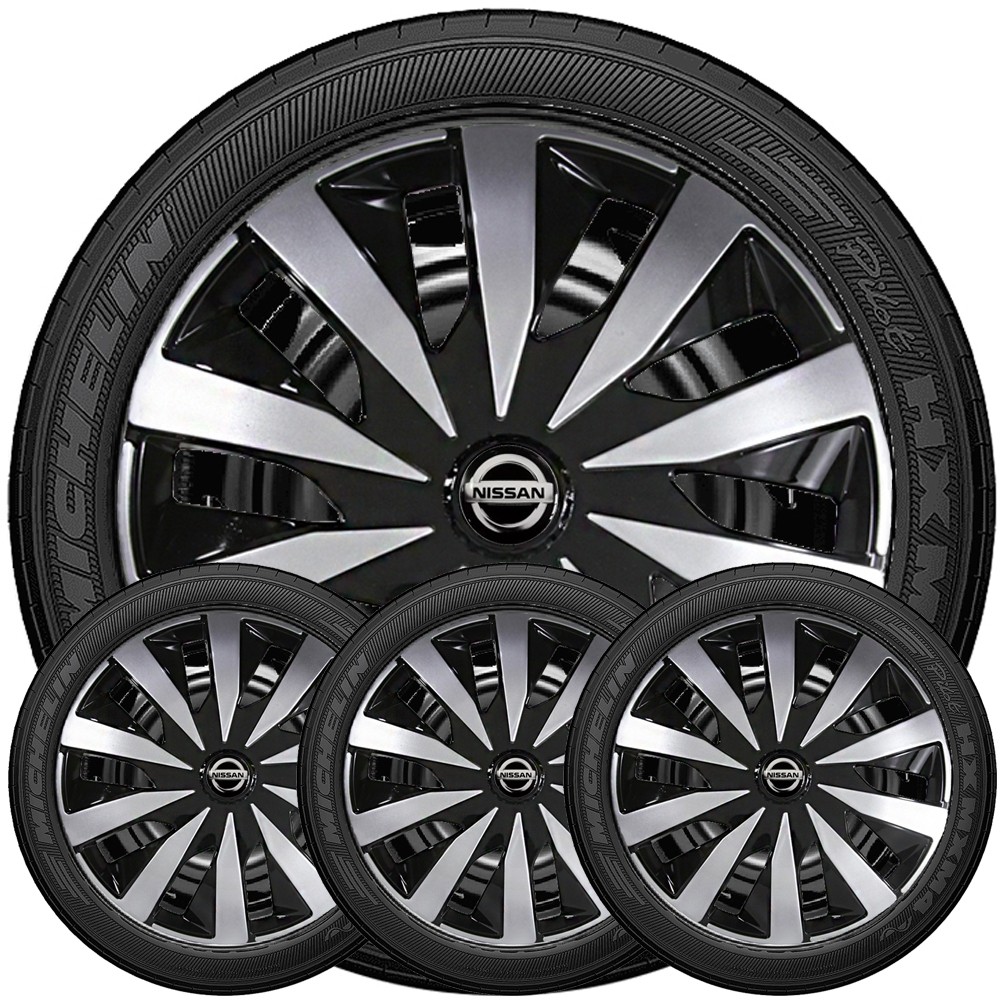 Jogo 4 Calotas Esportivas Aro 14 Linha Seven Cor Prata Com Preto Compativeis Em March Tida Sentra