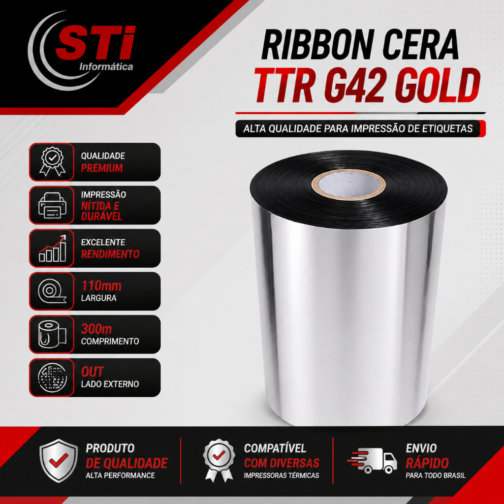 Ribbon Cera TTR G42 Gold 110mm x 300m OUT – Alta Qualidade para Impressão de Etiquetas