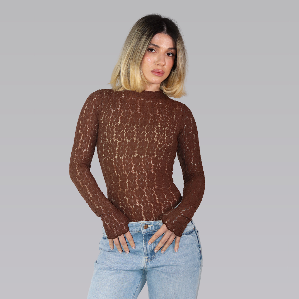 BODY DE RENDA AJUSTADO RENDA VAZADA EM POLIAMIDA MANGA LONGA GOLA ALTA REDONDA COR SÓLIDA  ELEGANTE GASUAL PRIMAVERA/OUT