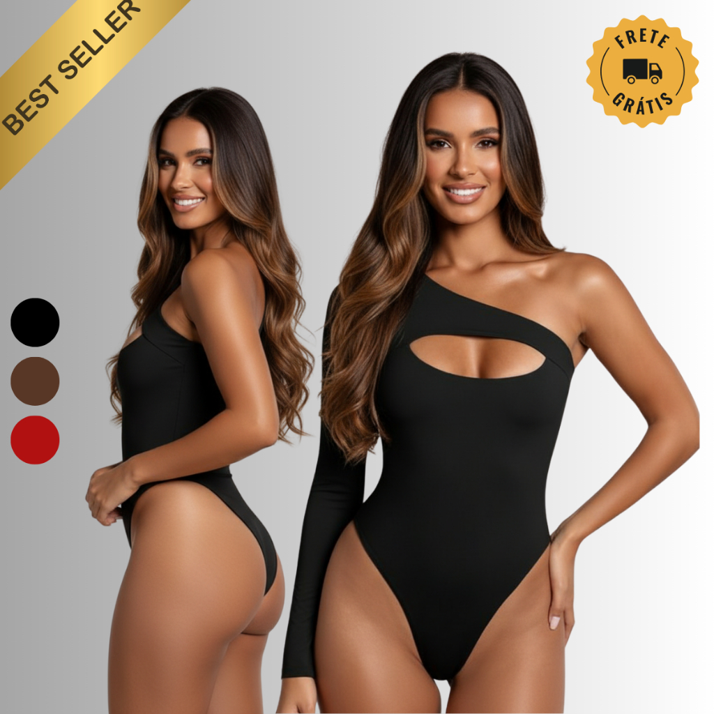 Body feminino assimétrico um ombro só com recorte cut-out, manga longa, cava alta, elegante para festa e noite