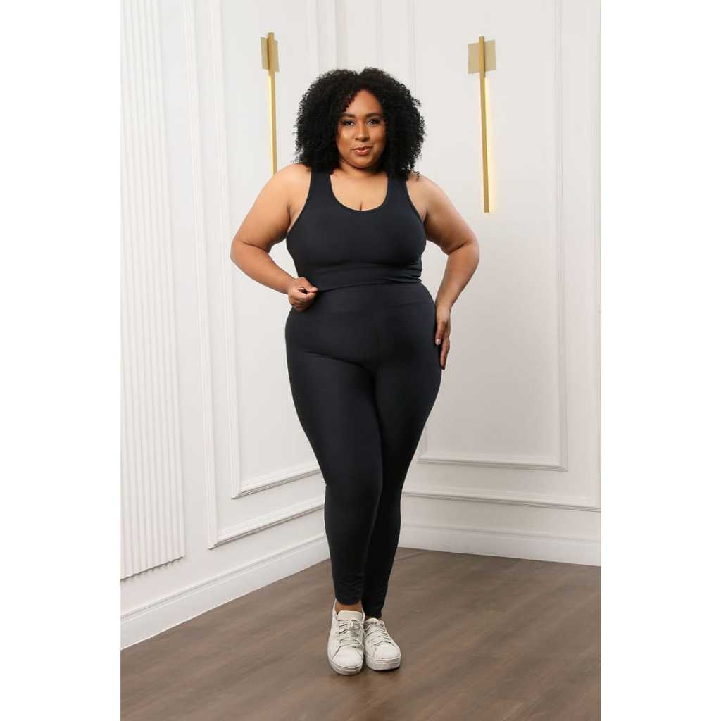 Conjunto Top + Calça Legging Cintura Alta Plus Size Academia Caminhada Treino Fitness Blackout