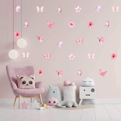 50 Adesivos de Parede Infantil Borboletas Aquarela | Decoração Quarto Menina Fofa Papel de Parede