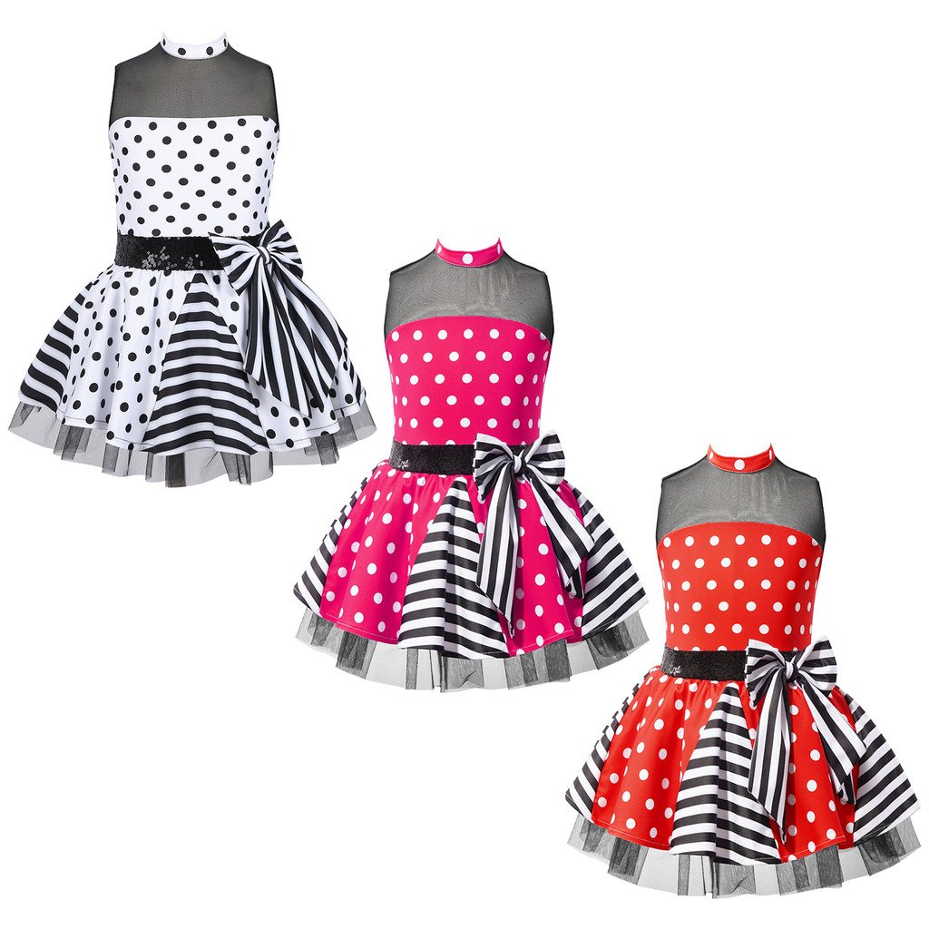 inhzoy Kids Girls Sleeveless Round Collar Polka Dots Print Patchwork Style Mesh Sequins Bowknot Waist Tutu Mesh Dress