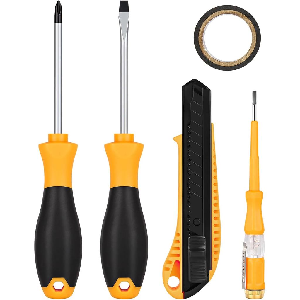 5pcs General Household Tool Set, Includes Crosshead Screwdriver, Flat-head Screwdriver, Electrical Pen, PVC Tape, Suitab