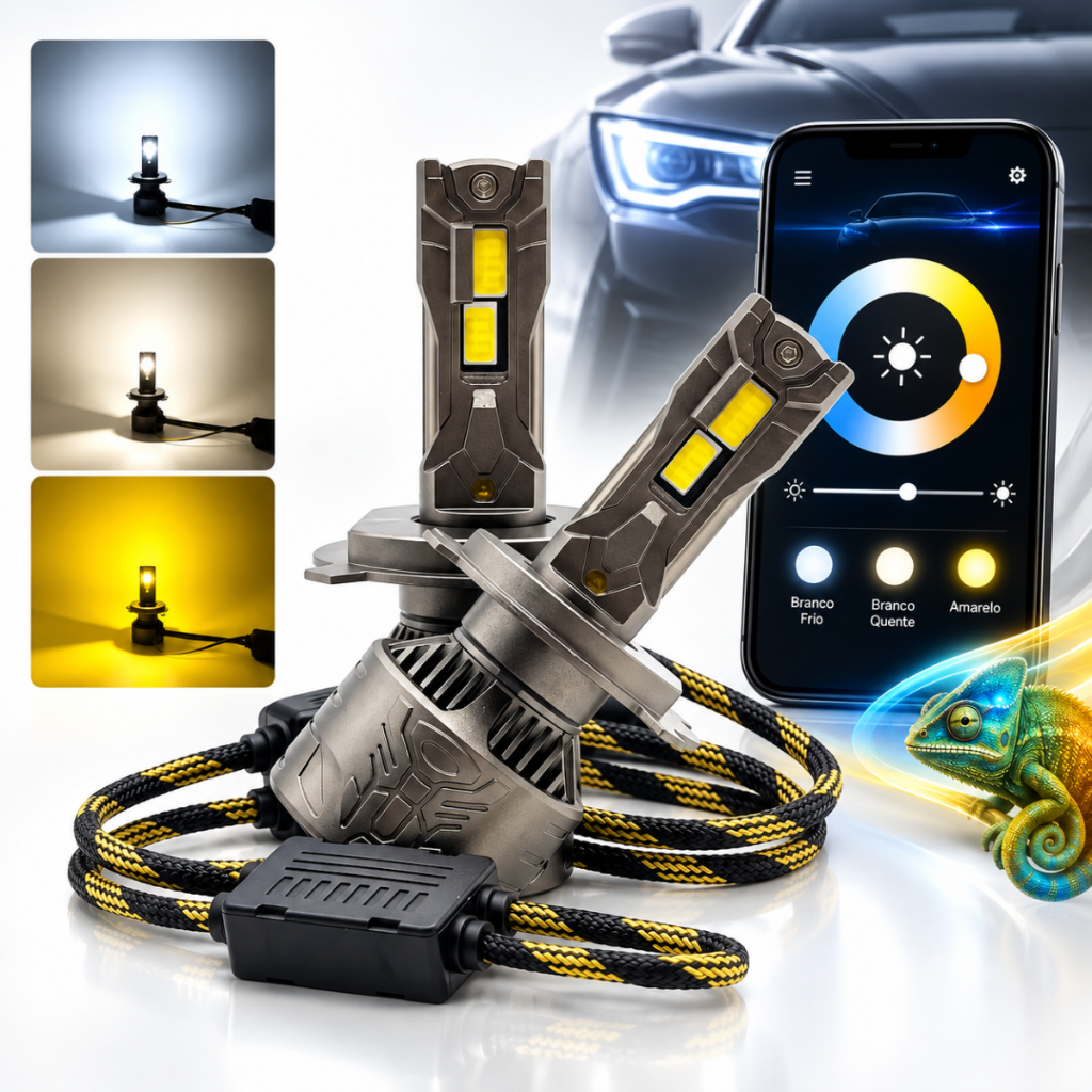Par Lâmpada Ultra Led H4 12v 160W 30000 Lumens App Camaleao 3 Cores Canbus H1 H7 H11 9005 9006