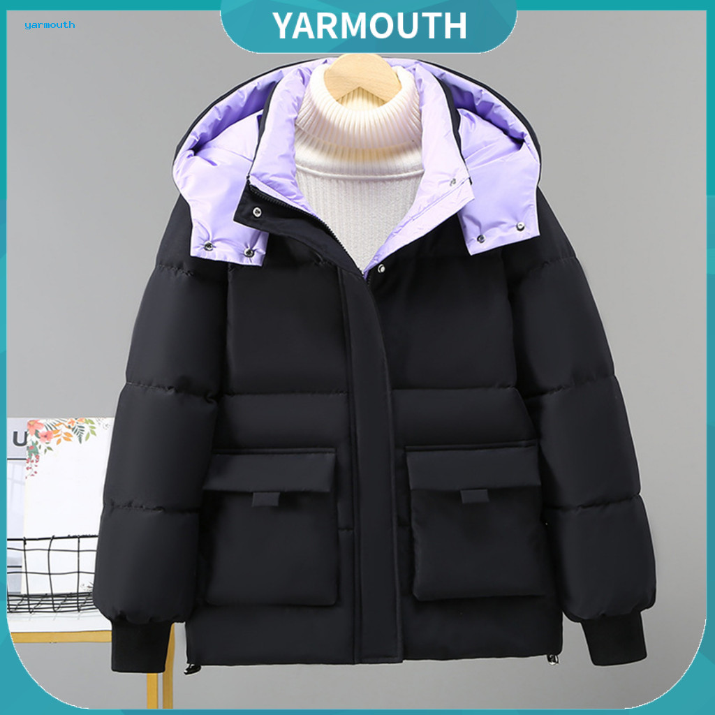 Short Hooded Coat Jacket Winter Down for Men and Women Padded Parka with Stand Collar Zip-up Windproof Cotton Pockets He