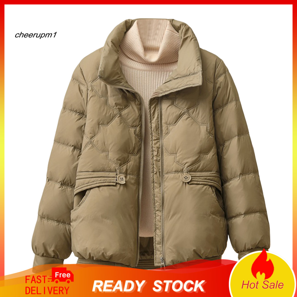 Women Cotton Coat Solid Color Short Jacket Winter Down Men Padded Windproof Zip-up Parka with Turn-down Collar and Pocke