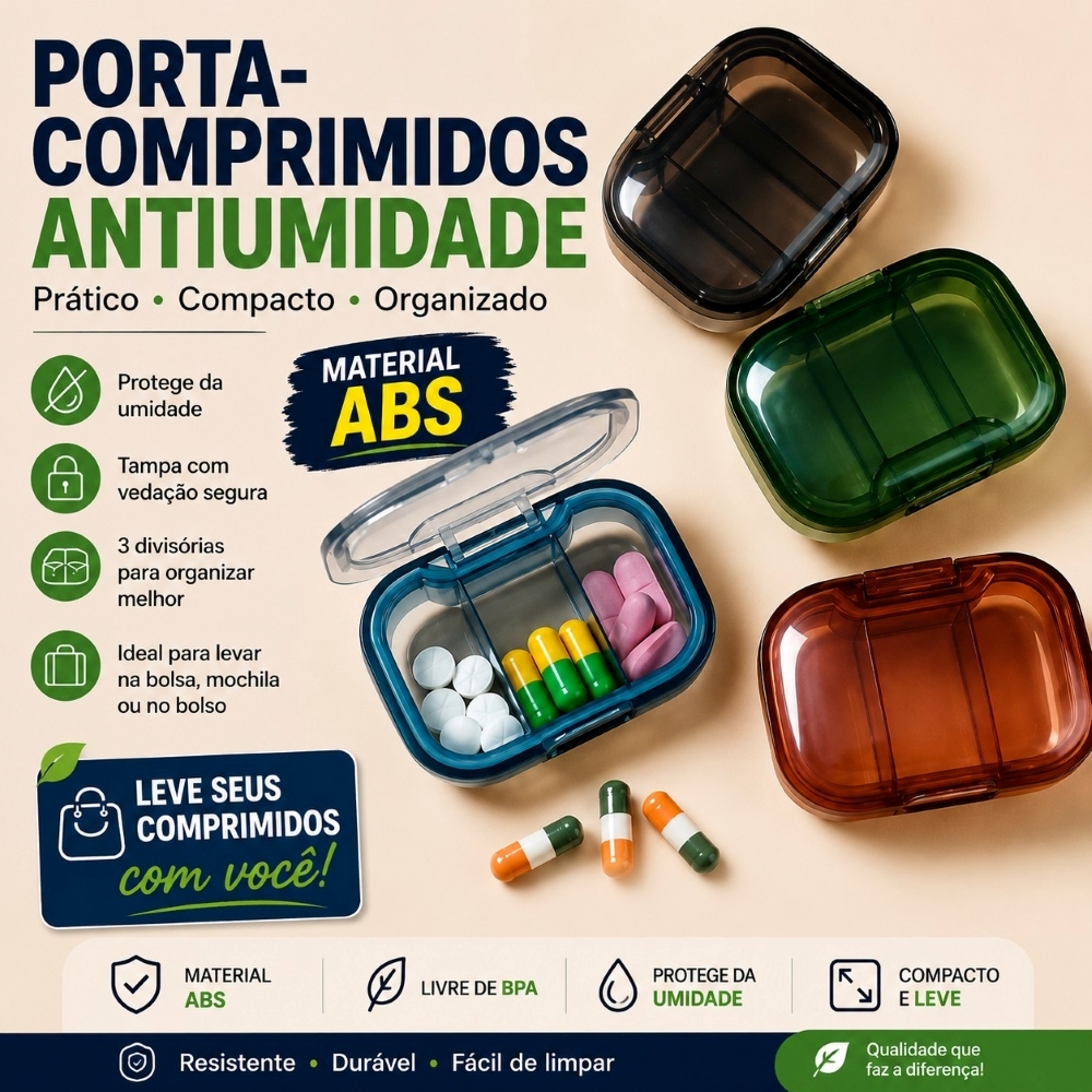 Porta Comprimidos Portátil ABS Antiumidade 3 Divisórias Organizador de Vitaminas Small Pill Box