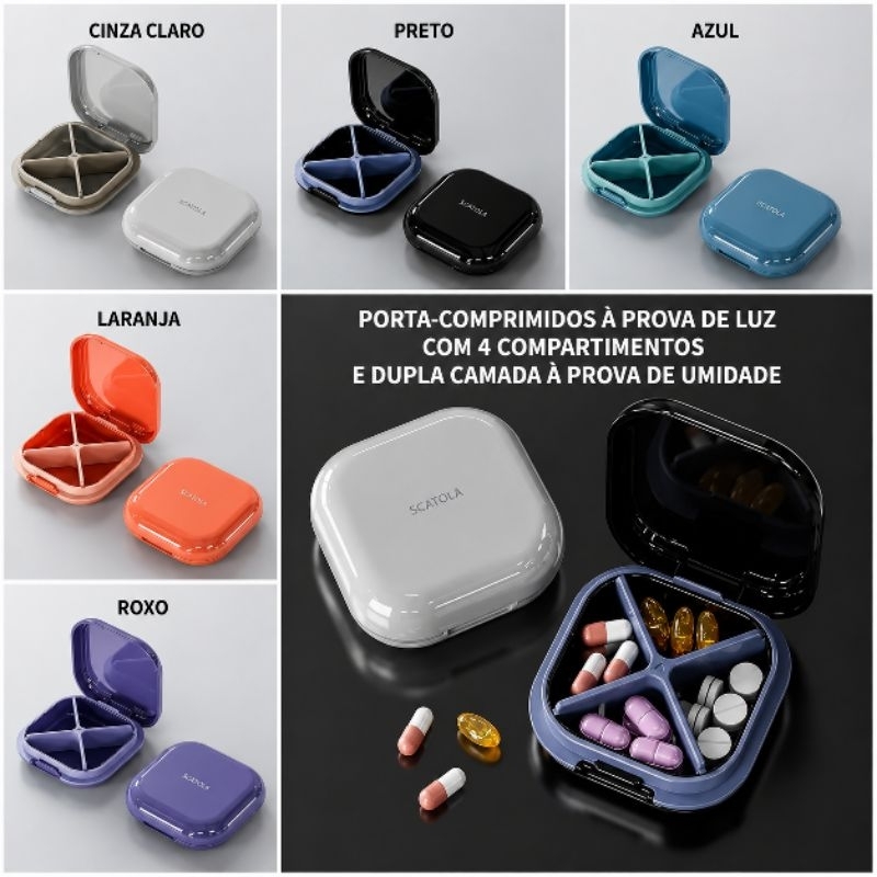 Porta Comprimidos Premium 4 Divisórias | Caixa Organizadora Compacta e Portátil | Portable Pill Box