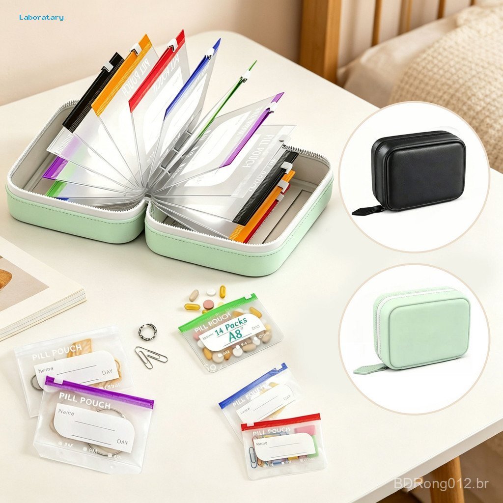 Compact Pill Organizer Portable Storage Bag with Body Colorful Zippers Capacity 14 Pouches Medicine Case for Outdoor Tra