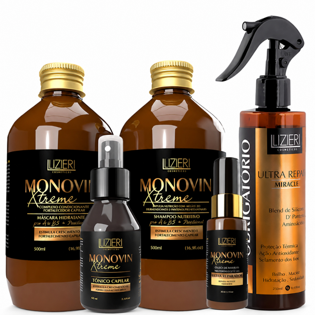 Shampoo Mascara Tonico e Sérum Kit Monovin Tratamento Crescimento Cabelo Capilar Antiqueda