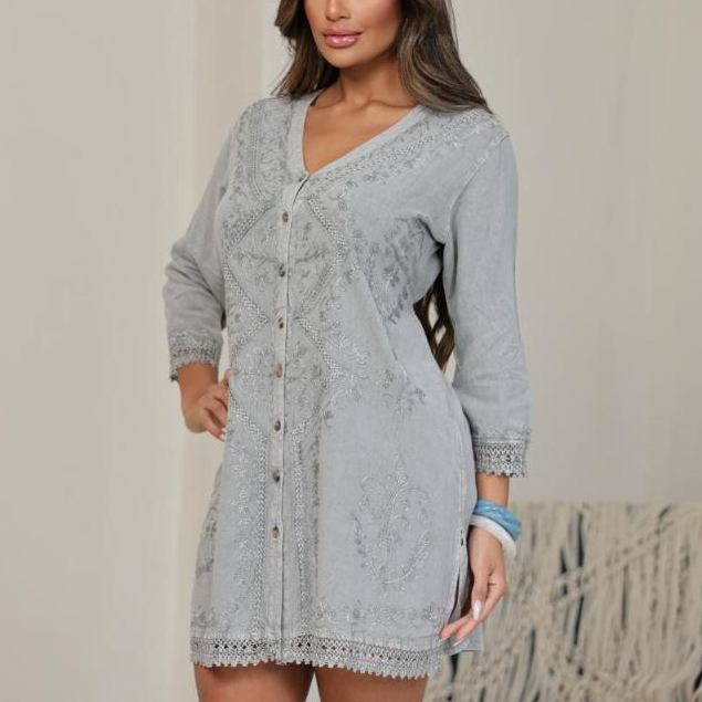 Chemise Indiana Feminina Bordada Manga Longa Boho Premium Viscose Cinza Boho Chic ENVIO IMEDIATO