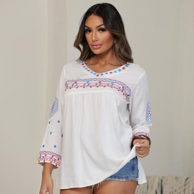 Bata Indiana Feminina Branca Bordada Manga Longa Boho Chic Casual Elegante Confortável ENVIO IMEDIATO